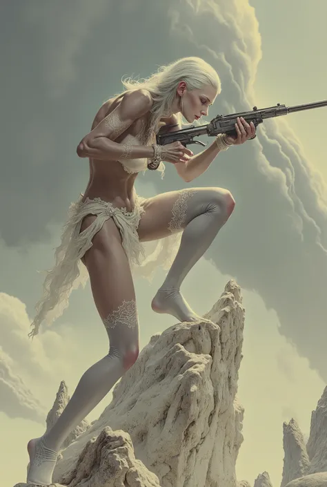 A white female Caucasian white hair waif gaussian silk white loincloth bottom, leaning forward, standing on her toes on a tall white crumbled ivory dystopian pillar, in profile and top holding a long thin white futuristic hunting rifle gun, while looking ...
