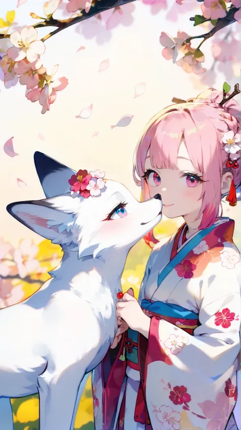 (((Two-shot photo of the white fox and the cherry blossom goddess:1.5))), A fantastical cherry blossom landscape,An overall light pink world, very cute girl goddess, Cherry-colored eyes, Cherry-colored hair, Pure White Kimono :1.5, French braid, no expres...