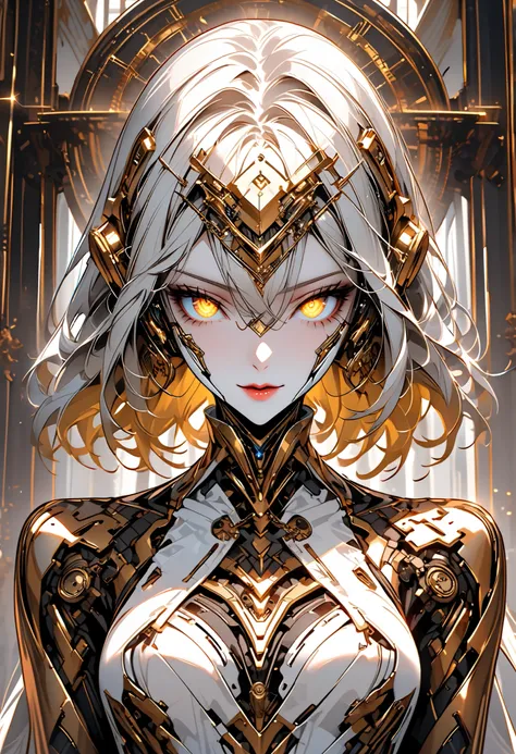 solo:1.4, female clockwork automaton, steel, brass, refined, gold accents, tall female, slender, agile, deep-set eyes, glowing eyes, golden eyes, lips, silver hair, gold hair, two-tone hair, simple metal headband, robot, steel and brass body, exhibition, l...