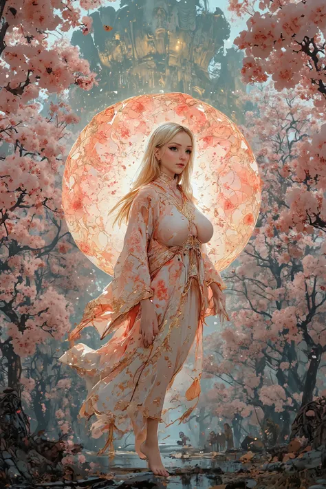 (High fantasy)(Feudal Japan) A Sakura goddess (exquisite kimono made of cherry blossom petals with golden trim, swh, pale white skin, cherry blossom aura, exquisite makeup, bare feet, lovely hair), floats down from the heavens to inspect the blooms in a ch...