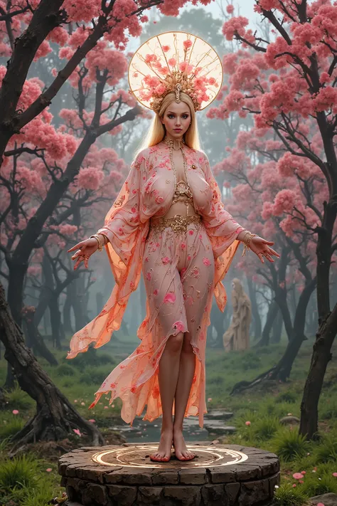 (High fantasy)(Feudal Japan) A Sakura goddess (exquisite kimono made of cherry blossom petals with golden trim, swh, pale white skin, cherry blossom aura, exquisite makeup, bare feet, lovely hair), floats down from the heavens to inspect the blooms in a ch...