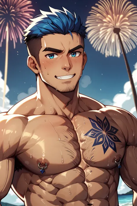 best quality 、night、 fireworks 、Home 、 I'm wearing a yukata、(father:1.3) 、 male 、age 30、 muscles な男性、 mature palm skin、 hairy 、 muscles 、 crew cut 、 blue hair 、(sweat:1.3)、steam、nipple piercing 、tattoo on Chest、 fun