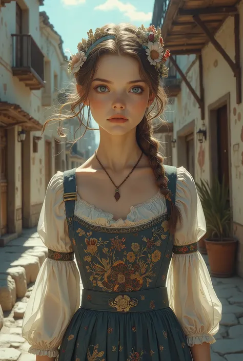 Best Quality, masterpiece, realistic pictures, Intricate Details, RAW photo, Super Detail, old fashioned young woman, Country dress, Headless, Gold, perfect, detailed blue eyes, Walking around the old town, HD quality, 8k, young woman, 20 years old