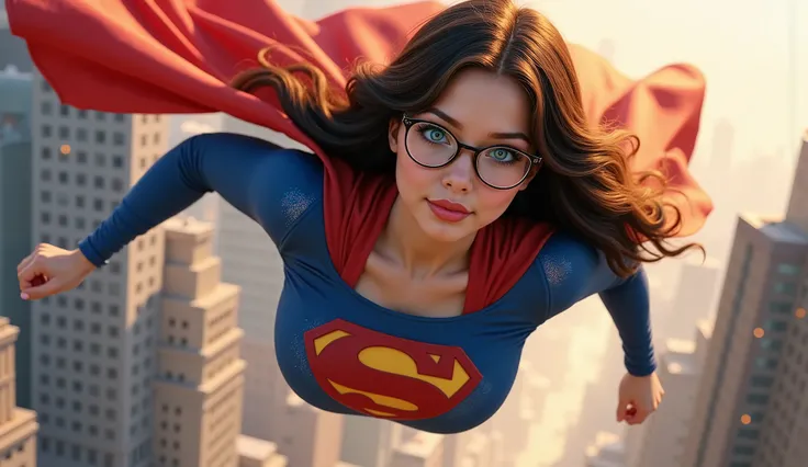 sexiest young supergirl in the world, black hair, blue eyes, glasses, supermans daughter, 8k, ultra-detailed, realistic, hdr, studio lighting, physically-based rendering, vivid colors, portrait, elegant, confident, powerful, heroic pose, detailed facial fe...