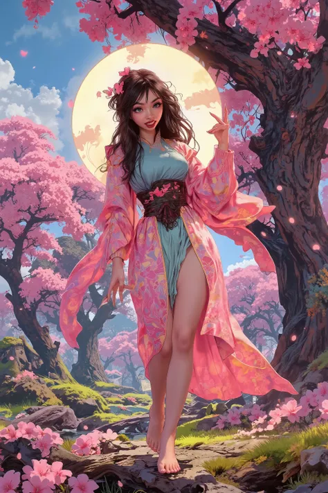 (High fantasy)(Feudal Japan) A Sakura goddess (exquisite kimono made of cherry blossom petals with golden trim, cute, pale white skin, cherry blossom aura, exquisite makeup, bare feet, lovely hair), floats down from the heavens to inspect the blooms in a c...