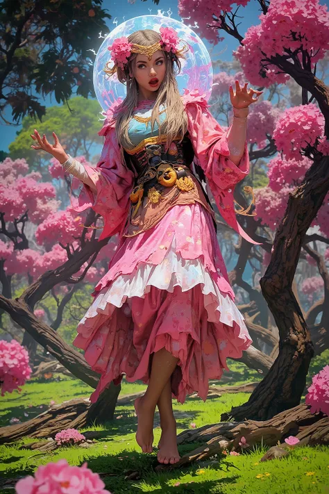 (High fantasy)(Feudal Japan) A Sakura goddess (exquisite kimono made of cherry blossom petals with golden trim, cute, pale white skin, cherry blossom aura, exquisite makeup, bare feet, lovely hair), floats down from the heavens to inspect the blooms in a c...