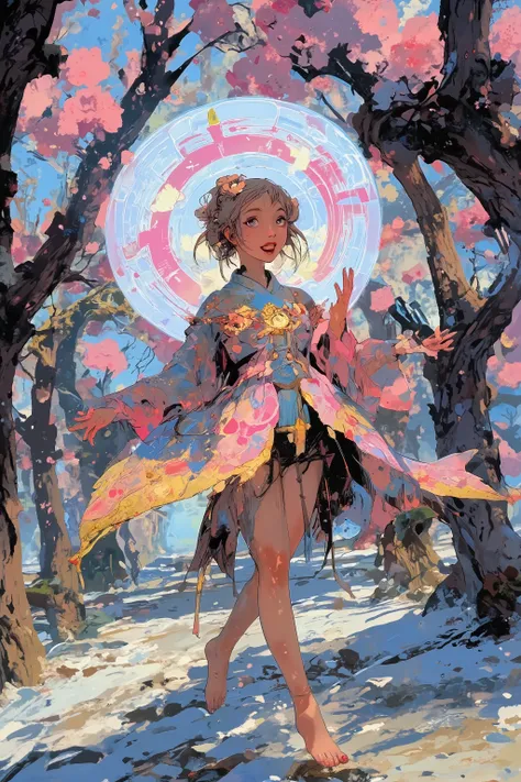 (High fantasy)(Feudal Japan) A Sakura goddess (exquisite kimono made of cherry blossom petals with golden trim, cute, pale white skin, cherry blossom aura, exquisite makeup, bare feet, lovely hair), floats down from the heavens to inspect the blooms in a c...