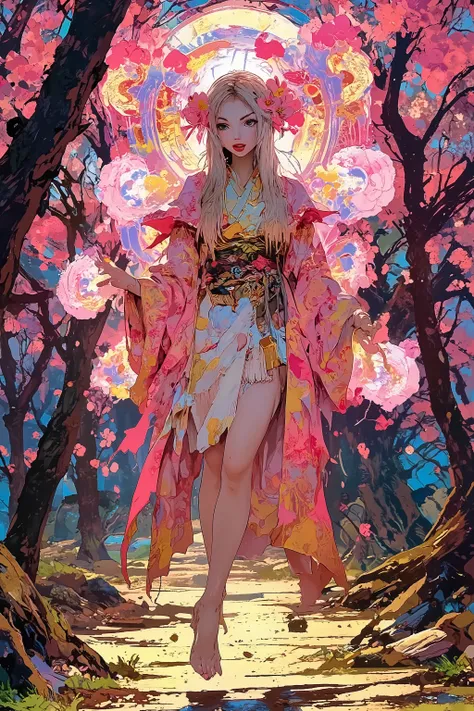 (High fantasy)(Feudal Japan) A Sakura goddess (exquisite kimono made of cherry blossom petals with golden trim, cute, pale white skin, cherry blossom aura, exquisite makeup, bare feet, lovely hair), floats down from the heavens to inspect the blooms in a c...