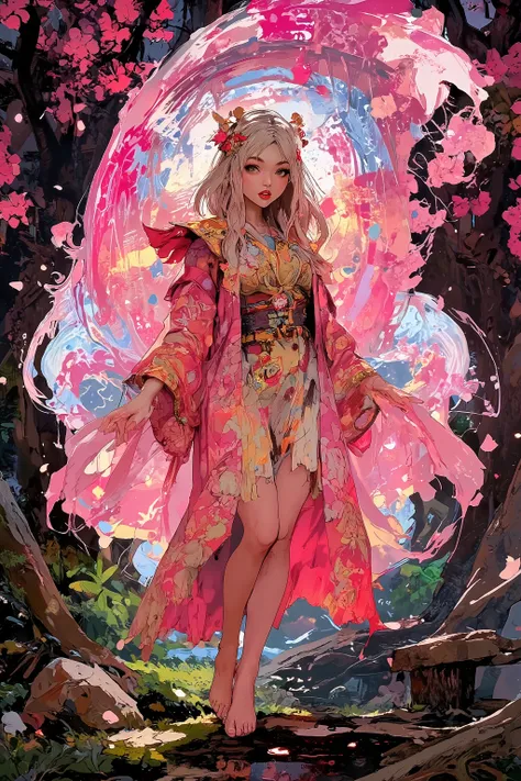 (High fantasy)(Feudal Japan) A Sakura goddess (exquisite kimono made of cherry blossom petals with golden trim, cute, pale white skin, cherry blossom aura, exquisite makeup, bare feet, lovely hair), floats down from the heavens to inspect the blooms in a c...