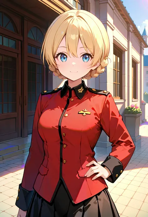 Best Quality, Good Quality, on the left and right side very beautiful,high resolution , high quality DVD、 one girl , alone、female,Darjeeling, short hair , braided hair , bungs , holy .  Gloriana's military uniform , Epaulettes , (Red Jacket:1 . 2) , long s...