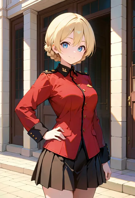 Best Quality, Good Quality, on the left and right side very beautiful,high resolution , high quality DVD、 one girl , alone、female,Darjeeling, short hair , braided hair , bungs , holy .  Gloriana's military uniform , Epaulettes , (Red Jacket:1 . 2) , long s...