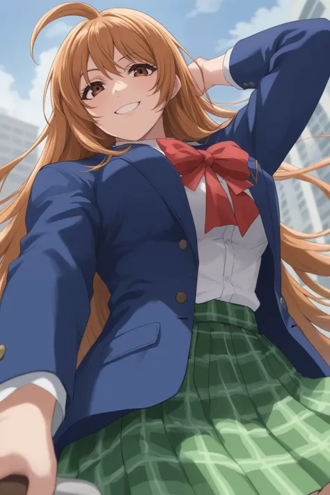 best quality,masterpiece,looking at viewer,absurdres,1girl,score_9,score_8_up,score_7_up,source_anime BREAK natsume aya,orange hair,long hair,brown eyes,ahoge,breasts,white ,skirt,bow,plaid,large breasts,jacket, plaid, green plaid skirt, blue blazer, evil...