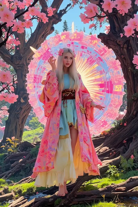(High fantasy)(Feudal Japan) A Sakura goddess (exquisite kimono made of cherry blossom petals with golden trim, cute, pale white skin, cherry blossom aura, exquisite makeup, bare feet, lovely hair), floats down from the heavens to inspect the blooms in a c...