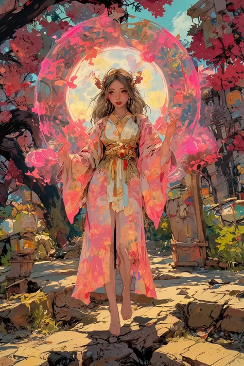 (High fantasy)(Feudal Japan) A Sakura goddess (exquisite kimono made of cherry blossom petals with golden trim, cute, pale white skin, cherry blossom aura, exquisite makeup, bare feet, lovely hair), floats down from the heavens to inspect the blooms in a c...