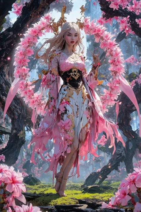 (High fantasy)(Feudal Japan) A Sakura goddess (exquisite kimono made of cherry blossom petals with golden trim, cute, pale white skin, cherry blossom aura, exquisite makeup, bare feet, lovely hair), floats down from the heavens to inspect the blooms in a c...