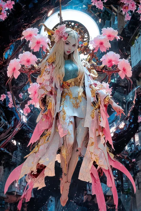 (High fantasy)(Feudal Japan) A Sakura goddess (exquisite kimono made of cherry blossom petals with golden trim, cute, pale white skin, cherry blossom aura, exquisite makeup, bare feet, lovely hair), floats down from the heavens to inspect the blooms in a c...