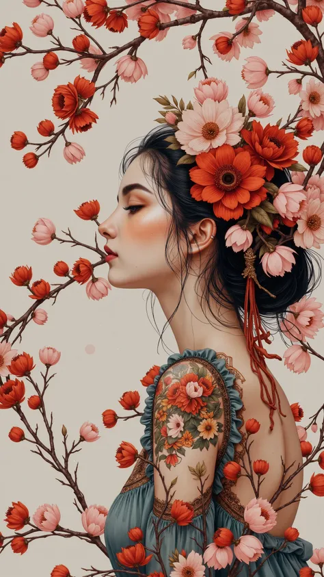 A dreamlike scene, Dreamy,
natural
Japan,
1girl, Cherry Blossom Goddess,
A young high-class prostitute with cherry blossom tattoos all over her body,
Her body becomes transparent and fades away as she ascends to the sky,
Perhaps as a punishment for havin...