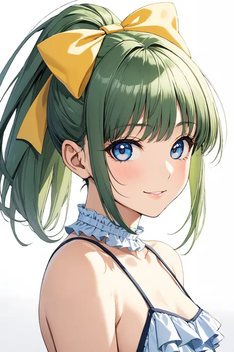 IijimaMiyuki, 1girl, solo, green hair, short hair, ponytail, blue eyes, Yellow bow, hair bow, bangs, small breasts, 
1990s (style),kadoi aya style,

bikini, frilled swimsuit, bare shoulders, 

upper body, 
looking at viewer, blush stickers, 

Seductive smi...