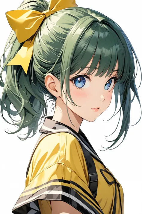 IijimaMiyuki, 1girl, solo, green hair, short hair, ponytail, blue eyes, Yellow bow, hair bow, bangs, small breasts, 
1990s (style),kadoi aya style,

upper body, from side, 
looking at viewer, blush stickers, 

simple white background, 

high resolution, ma...