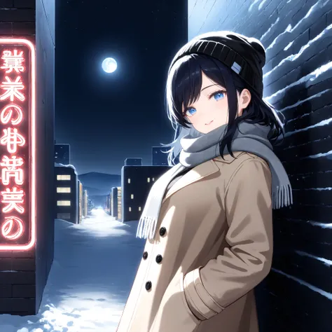 1girl, visual novel, dutch angle,, light blue eyes, black hair, light smile, parted lips, winter, snow, city, hokkaido, red neon lights, night, moonlight, moon, black beanie, beige overcoat, (long hair, medium hair), swept bangs, grey scarf, visible breath...