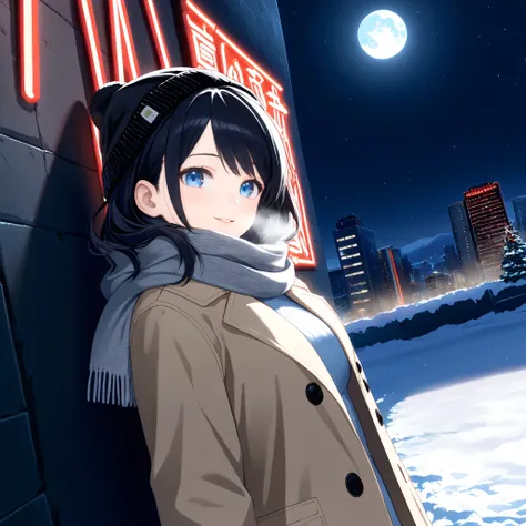 1girl, visual novel, dutch angle,, light blue eyes, black hair, light smile, parted lips, winter, snow, city, hokkaido, red neon lights, night, moonlight, moon, black beanie, beige overcoat, (long hair, medium hair), swept bangs, grey scarf, visible breath...