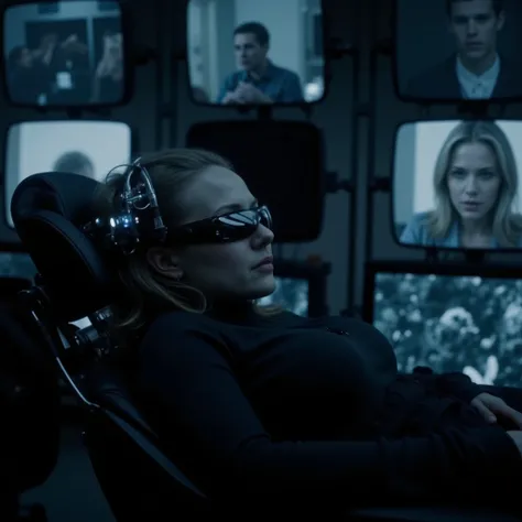Create a chilling scene inspired by The Final Cut (2004), showing a woman lying in a dark, futuristic chair, facing sideways with their head turned toward the camera. She is wearing sleek, high-tech virtual reality glasses that emit a faint glow, while hig...