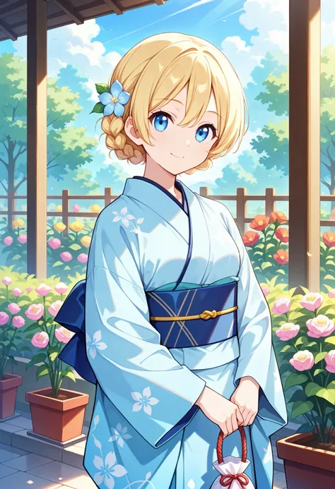 Best Quality, Good Quality, on the left and right side very beautiful,high resolution , high quality DVD、 one girl , alone、female,Darjeeling, short hair , braided hair , bungs , Anime girl wearing light blue traditional Japanese clothes、Flowers in hair、out...