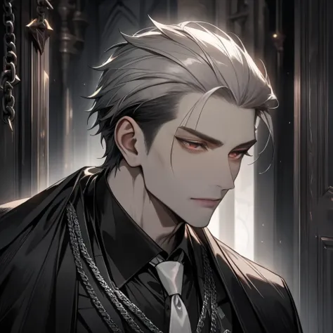 character is a ((male)), ((fair skin)), ((ash gray hair)), ((masculine face)), ((older)), ((masculine features)), ((textured slicked back hairstyle)), ((black dress shirt)), ((black blazer draped over shoulders)), ((chain draped over blazer)), ((white tie)...