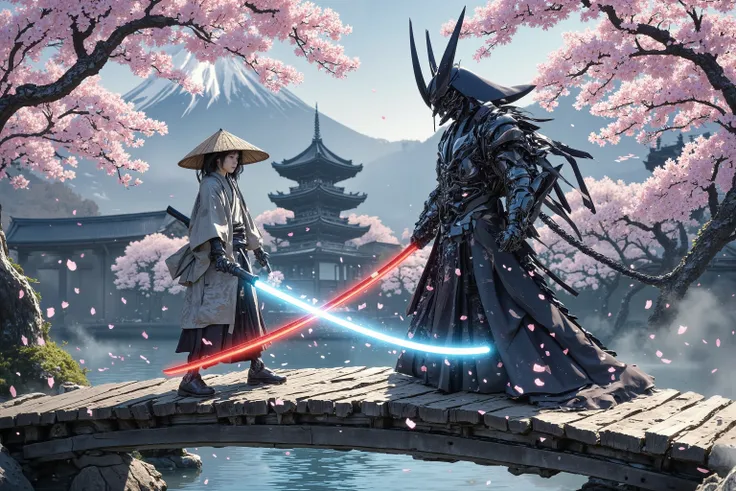 **Scene Description for Flux AI Drawing (Ukiyo-e Style):**
The scene unfolds on a serene wooden bridge arching gracefully over a crystal-clear stream, framed by the soft pink hues of cherry blossoms in full bloom. The delicate petals drift gently in the b...