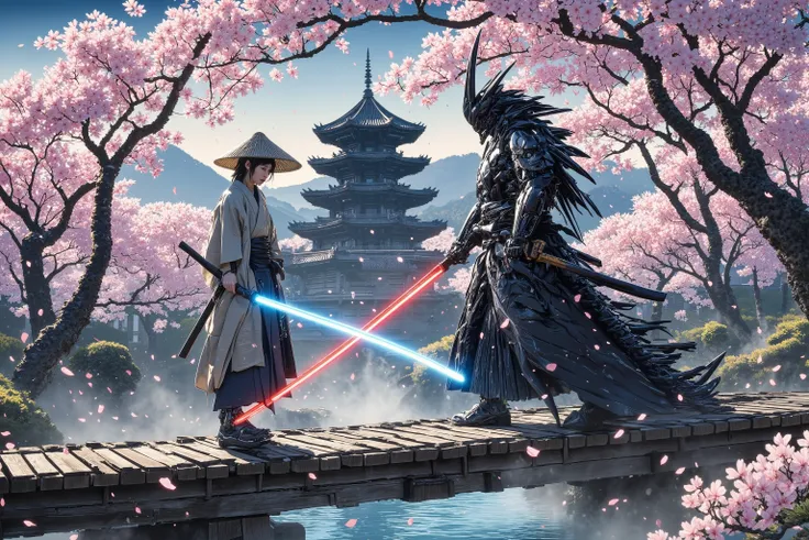 **Scene Description for Flux AI Drawing (Ukiyo-e Style):**
The scene unfolds on a serene wooden bridge arching gracefully over a crystal-clear stream, framed by the soft pink hues of cherry blossoms in full bloom. The delicate petals drift gently in the b...