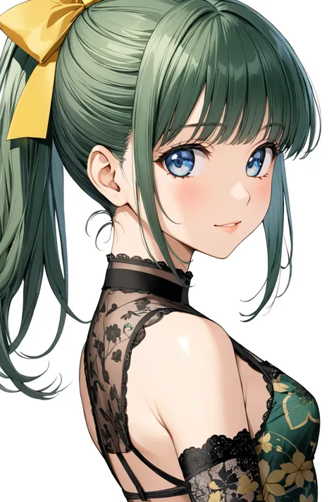 IijimaMiyuki, 1girl, solo, green hair, short hair, ponytail, blue eyes, Yellow bow, hair bow, bangs, small breasts, 
1990s (style),kadoi aya style,

china_tight_slit_see-through dress, 
cleavage_abdomen_back cutout, 
micromini_slit skirt, 
lace trim, ( gre...