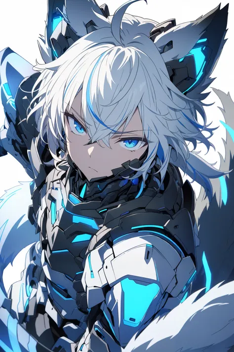 [(WHITE BACKGROUND:1.5),::5], ((masterpiece)), high quality, ultra very high resolution, full color, ((solo)), ((younger boy)), Black cyborg armor, Wolf ear,  (Wolf armor), ((Wolf mechanical tail)), ((men's White hair)), (Blue streaked hair), (SkyBlue eyes...