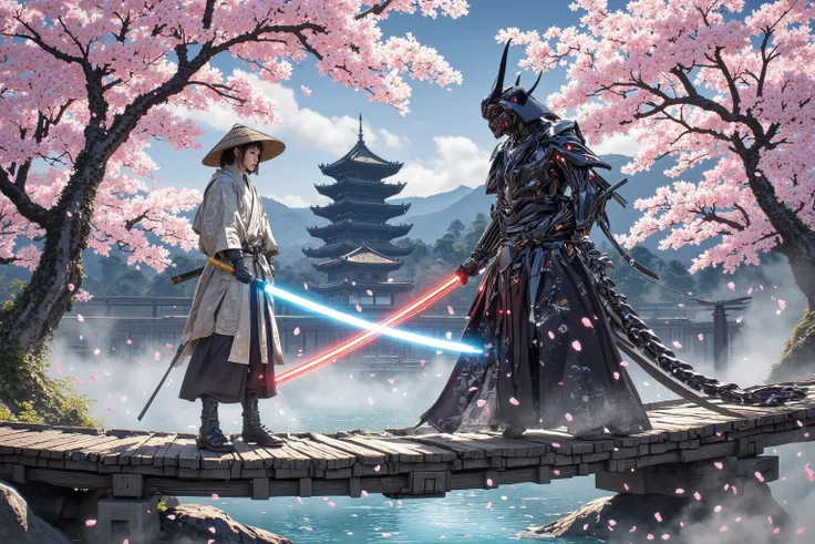 **Scene Description for Flux AI Drawing (Ukiyo-e Style):**
The scene unfolds on a serene wooden bridge arching gracefully over a crystal-clear stream, framed by the soft pink hues of cherry blossoms in full bloom. The delicate petals drift gently in the b...