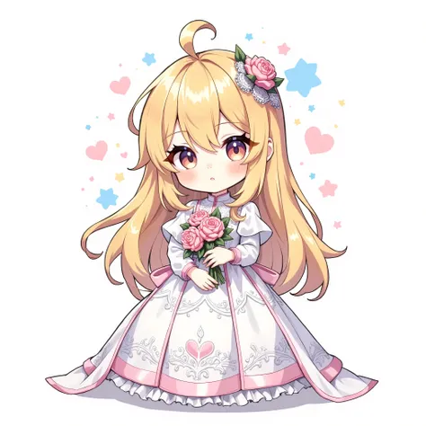 ( chibi:1.4), chibi character, chibi style, toe, (cwhite background:1.4),full body,masterpiece, high quality, 4K, HDR,, A girl with frills, anime style, simple background、wedding dress、bride、 Gold, long hair、long white dress、bride、princess、Rose bouquet、 sm...