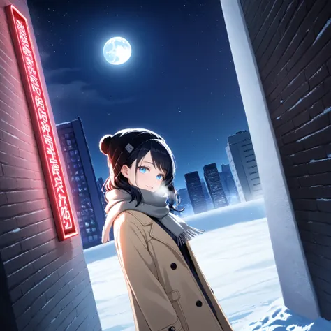 1girl, visual novel, dutch angle,, light blue eyes, black hair, light smile, parted lips, winter, snow, city, hokkaido, red neon lights, night, moonlight, moon, black beanie, beige overcoat, (long hair, medium hair), swept bangs, grey scarf, visible breath...