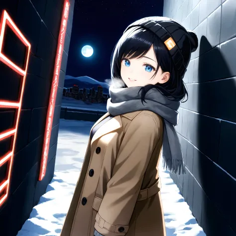 1girl, visual novel, dutch angle,, light blue eyes, black hair, light smile, parted lips, winter, snow, city, hokkaido, red neon lights, night, moonlight, moon, black beanie, beige overcoat, (long hair, medium hair), swept bangs, grey scarf, visible breath...