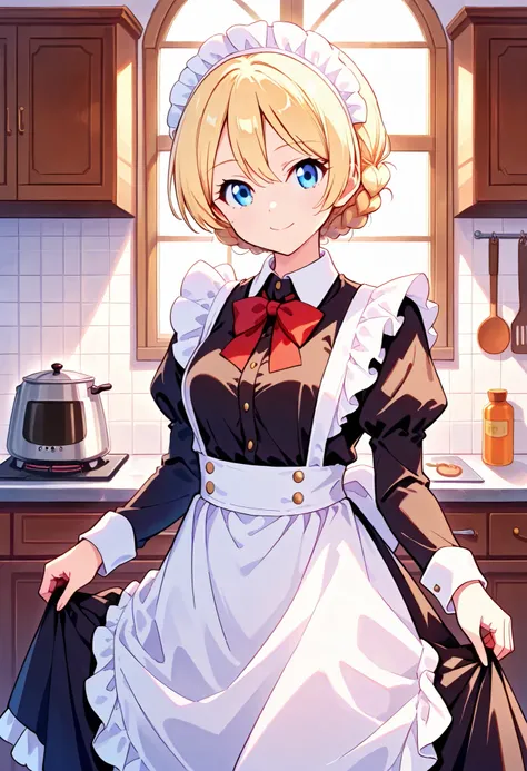 Best Quality, Good Quality, on the left and right side very beautiful,high resolution , high quality DVD、Standing、one girl, alone,Darjeeling, short hair , braided hair , bungs , maid clothes、ビクトリア朝maid clothes , indoor、Kitchen、cowboy short,Skirt Hold Up