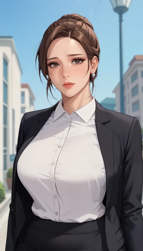 (masterpiece, best_quality:1.2), 1girl, solo, mature female, a1m33, brown hair, low bun, (officework:1.5, white shirt, black blazer, black mini skirt), beautiful eyes, female focus, large breast, wide hips, looking at viewer, ((close up shot)) ((solo)) det...