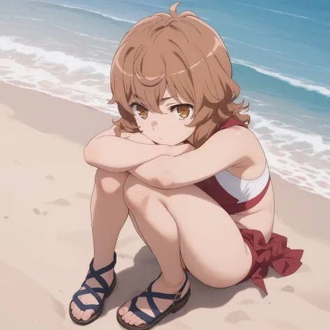 1 girl, solo, high resolution shoes, liliruca burns, swimsuit, beach, sand, sea, sits in the sand , is sitting on his knees, in my arms looks at the viewer, smiles