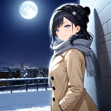 1girl, visual novel, dutch angle,, light blue eyes, black hair, light smile, parted lips, winter, snow, city, hokkaido, red neon lights, night, moonlight, moon, black beanie, beige overcoat, (long hair, medium hair), swept bangs, grey scarf, visible breath...