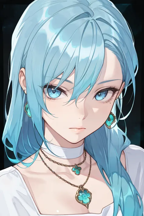 masterpiece, best quality, amazing quality, newest, very aesthetic, 1girl,Image is a digital illustration featuring a close-up portrait of a person with a stylized, anime-inspired appearance. The subject has long, flowing aqua-blue hair that frames their f...
