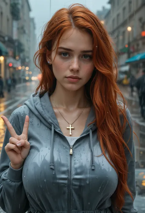 photo,30-yr-old-woman,city street,ginger hair,freckles,rainy day,wet body,indifferent expression,body sweat,straight hair,wet hair,long hair,navy hoodie,zipped up,candid pose,cross necklace,peace sign,head tilt,huge breasts,thin waist,upperbody photo,. sha...