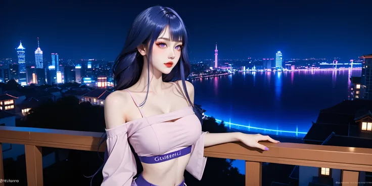 A young girl is idol Chinese with long hair, Raiden_Shogun_genshin, deep blue hair, sparkiling violet eyes, large_breasts, fashion short clothes and big crop-top, pink and red tramp stamp tattoo between her waistline, she is make sexy pose at balcony of hi...