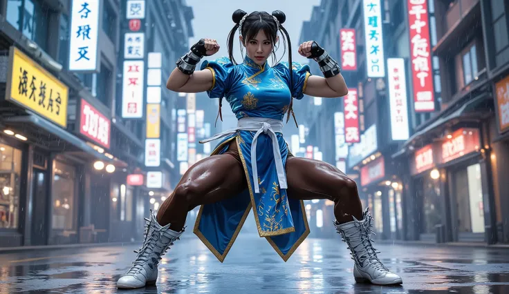 A highly detailed, cinematic, live-action shot of Chun-Li, A beautiful, fierce and determined female martial artist stands ready for battle, her agile physique emphasized by her confident stance. She wears her iconic blue qipao with golden embroidery, high...