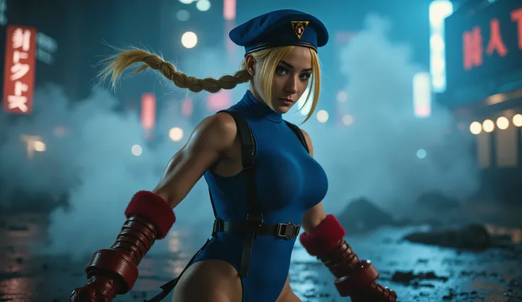 A highly detailed, cinematic, live-action medium shot of a stunning beautiful Cammy White standing in combat pose, her sexy but athletic physique tensed with anticipation. She wears her iconic blue leotard, blue beret, and red gauntlets, highlighting her d...