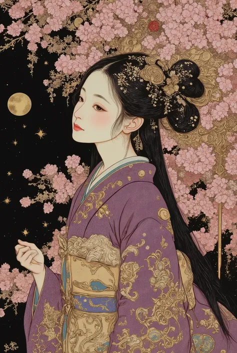 ((cherry blossom blizzard,beautiful cherry blossom)),(beautiful goddess),1 girl,fashion portrait,(off shoulder:1.3),facing to the left, showing the right side of her face,nape of the neck,back of the neck,sway,beautiful face,turime,oiran,geisha,kimono,hair...