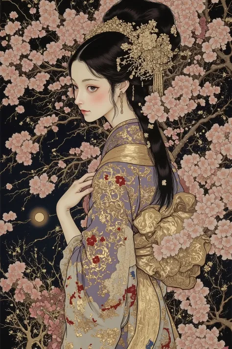 ((cherry blossom blizzard,beautiful cherry blossom)),(beautiful goddess),1 girl,((off shoulder:1.5)),fashion portrait,facing to the left, showing the right side of her face,nape of the neck,back of the neck,sway,beautiful face,turime,oiran,geisha,kimono,ha...