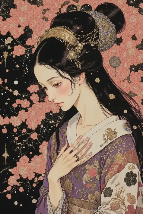 ((cherry blossom blizzard,beautiful cherry blossom)),(beautiful goddess),1 girl,fashion portrait,(off shoulder:1.3),facing to the left, showing the right side of her face,nape of the neck,back of the neck,sway,beautiful face,turime,oiran,geisha,kimono,hair...