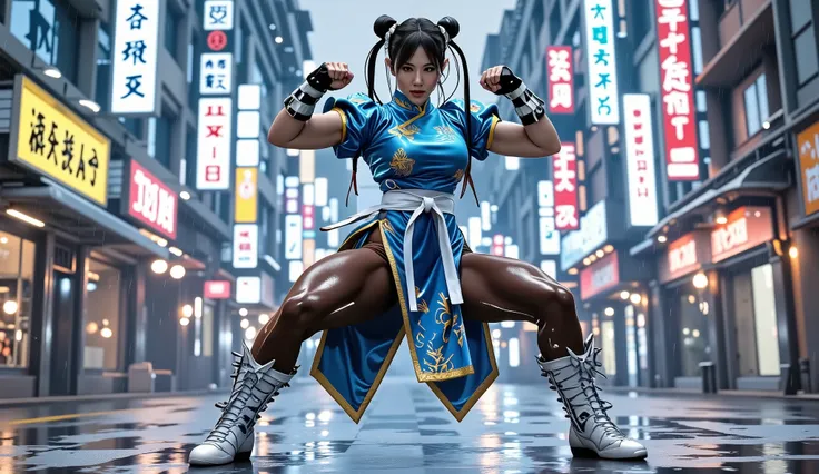 A highly detailed, cinematic, live-action shot of Chun-Li, A beautiful, fierce and determined female martial artist stands ready for battle, her agile physique emphasized by her confident stance. She wears her iconic blue qipao with golden embroidery, high...