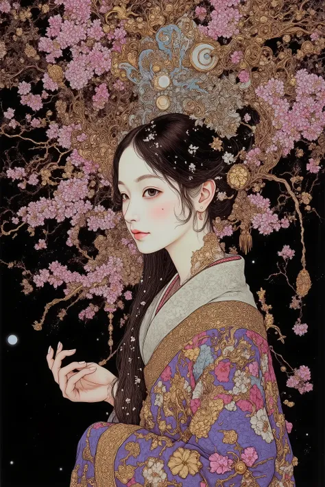 ((cherry blossom blizzard,beautiful cherry blossom)),(beautiful goddess),1 girl,fashion portrait,(off shoulder:1.3),facing to the left, showing the right side of her face,nape of the neck,back of the neck,sway,beautiful face,turime,oiran,geisha,kimono,hair...